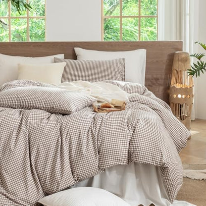 MooMee Gingham Duvet Cover Set 100% Washed Cotton Linen Like