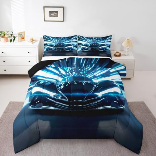 Feelyou Boys Black Speed Sport Car Soft Comforter Set Extreme Sports Teens Bedding Set for Kids Girls Racing Car Comforter Automobile Competition Quilt Set Bedroom Collection 3Pcs Queen Size