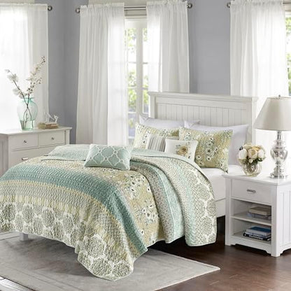 Madison Park Cotton Floral Coverlet Green King Quilt Set, 6pc