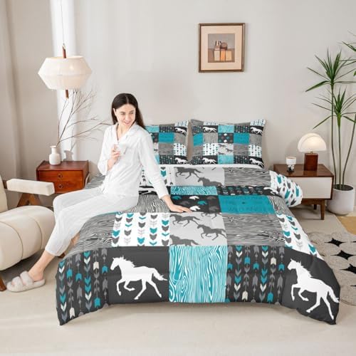 Horse Comforter Set Queen Size Patchwork Teal Unicorn Bedding Set For Kids Boys Girls Black Gray Wild Horses Wood Grain Down Comforter Geometric Lattice Arrow Grid Animal Room Decor Duvet Set