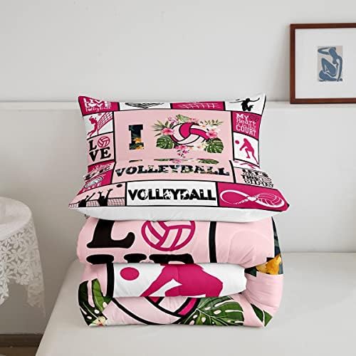 Manfei Volleyball Comforter Set King Size, Sports Theme Quilt Set with 2 Pillowcases, Geometric Checks Pink Grid Bedding Set 3pcs for Kids Boys Girls Room Decor, Ball Gaming Duvet Insert