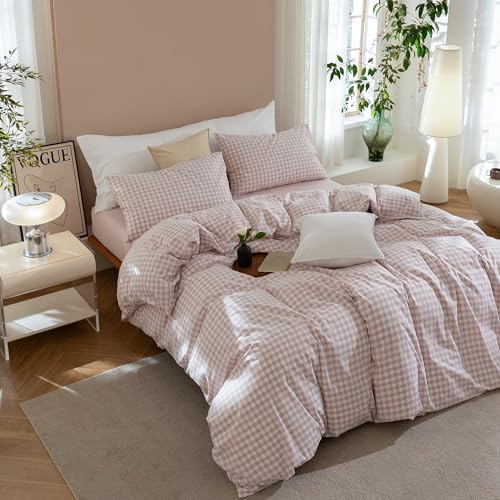 JIYUAN Queen Washed Cotton Duvet Cover Set, 3-Piece,Classic Gingham