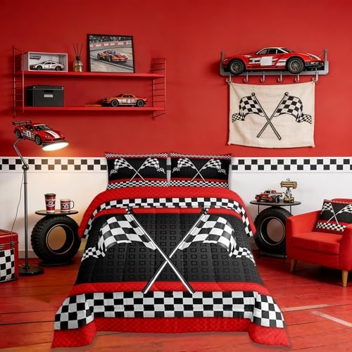 Castle Fairy Race Car Themed Comforter Set Queen Size,Black White Checkered Flag Print Bedding Set for Women Adult,Red Stripes Geometric Grid Plaid Luxury Bed Duvet Insert, 2 Pillowcases