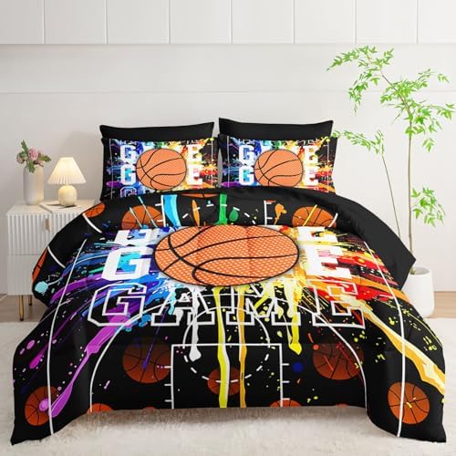 7Pcs Basketball Comforter Set Ball Sports Printed Bedding Set with 1 Comforter, 1 Flat Sheet, 1 Fitted Sheet and 4 Pillowcases for Boys and Girls Bedroom All Season(Basketball-3 Full