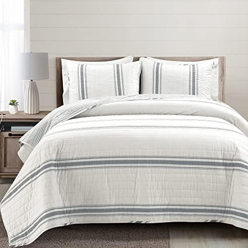 Lush Decor Farmhouse Stripe Reversible Cotton Quilt King Size 3 Piece Set Dark Gray - Farmhouse Bedding Set King Quilt - Striped Bedding