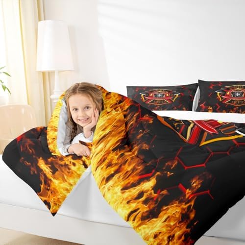 Fire Fighting Kids Comforter Set Twin Size,Fire Fighting Truck Tool Flame Bedding Set,Boys Girls Adults Room Decor,Geometric Honeycomb Hexagon Down Comforter,Red Black Duvet Insert,1 Pillowcase
