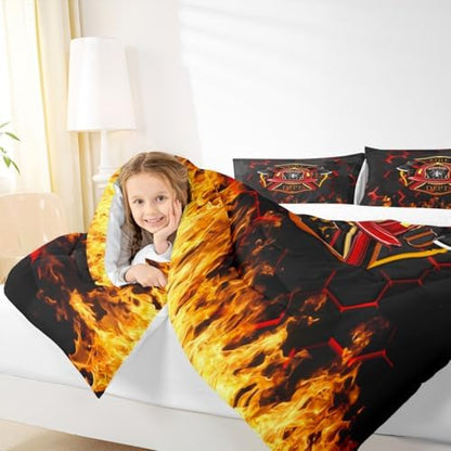 Fire Fighting Kids Comforter Set Twin Size,Fire Fighting Truck Tool Flame Bedding Set,Boys Girls Adults Room Decor,Geometric Honeycomb Hexagon Down Comforter,Red Black Duvet Insert,1 Pillowcase