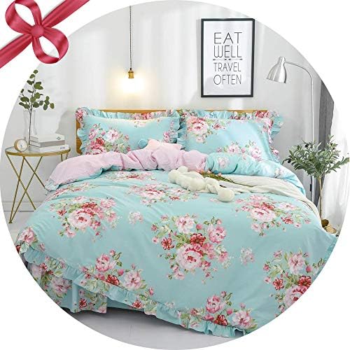 FADFAY Farmhouse Shabby Pink Floral Chic Bedskirt Set 100% Cotton Exquisite Craft Ultra Soft 4-Piece Full Size