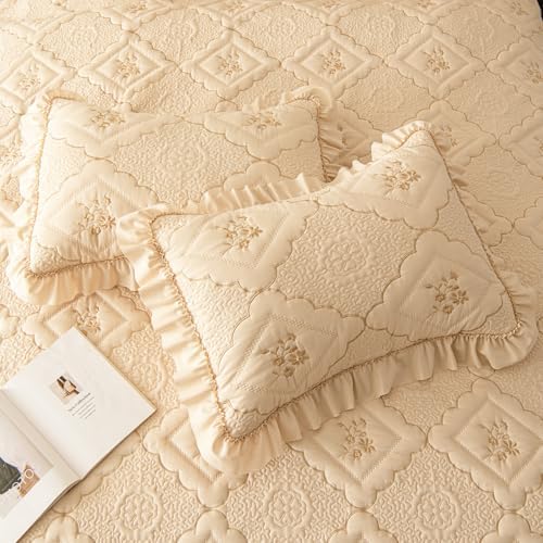 Sobrecamas Queen Elegantes,Queen Floral Quilt Set,Reversible Beige Coverlet