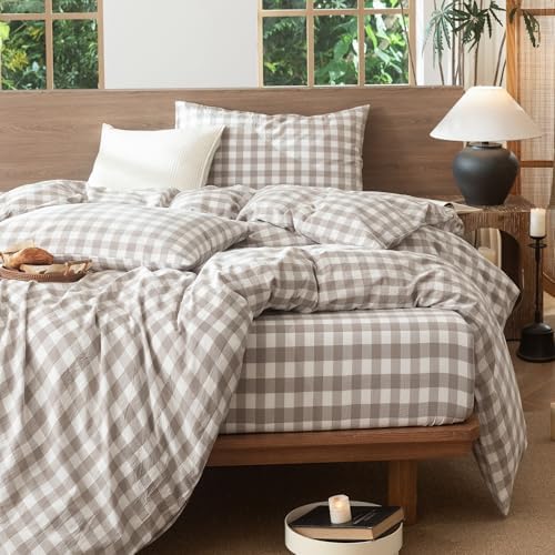 MooMee Gingham Duvet Cover Set 100% Washed Cotton Linen Like