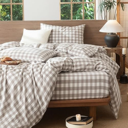 MooMee Gingham Duvet Cover Set 100% Washed Cotton Linen Like