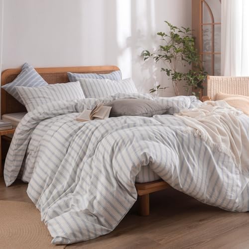 BESTOUCH Striped Cotton Duvet Cover Set Linen Feel Queen