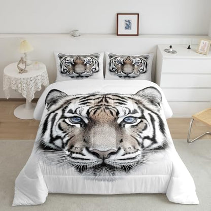 Erosebridal Boys Tiger Comforter Set Queen Size, Wild Animal Print Down Comforter for Boys Girls Teens Adult Bedroom, Grey Tiger Skin Duvet Insert Black White Stripe Bedding Comforters for Bedroom