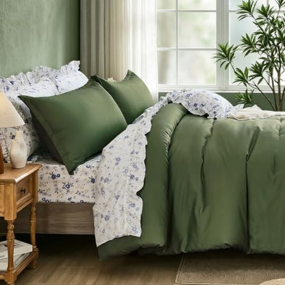 WONGS BEDDING 8PC Queen Comforter Set, Ruffle Comforter with Floral Sheets