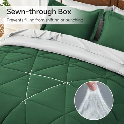BEDELITE Queen Comforter Set 7 Pieces, Reversible Dark Green Bed in A Bag