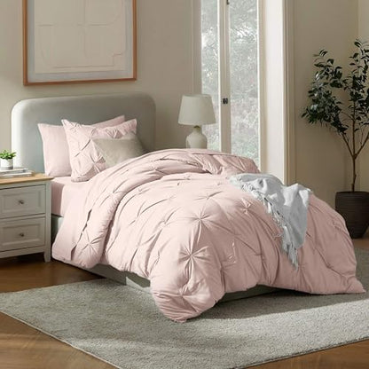 Nestl 7 Piece Twin Comforter Set – Blush Pink Pinch Pleated Bed in a Bag – Complete Twin Size Bedding Set with Sheets, Set of 2 Cooling Pillows, Pillowcase and Sham