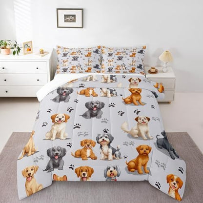 Kids Cute Dog Comforter Set Toddler Cartoon Dogs Bedding Set for Boys Girls Children Pet Dog Puppy Animal Lover Comforter Lovely Dog Paw Down Alternative Comforter for All Season Room Decor Twin Size