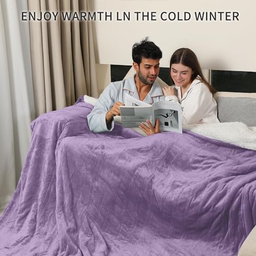 Electric Blanket Queen Size, Soft Cozy Flannel Sherpa Queen Heated Blanket Dual Control with 5 Heating Levels & 10 Hours Auto Off, Machine Washable Heating Blanket, 84" x 90", Lavender Violet