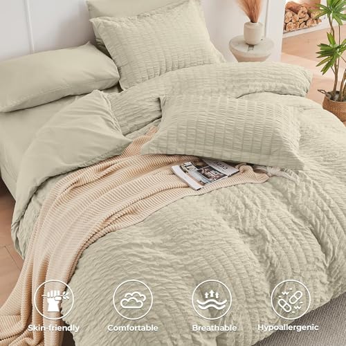 HYMOKEGE Light Linen Twin XL Comforter Set Seersucker 5 Pieces, All Season Luxury Bed in a Bag for Bedroom, Bedding Set with Comforter, Sheets, Pillowcase & Sham