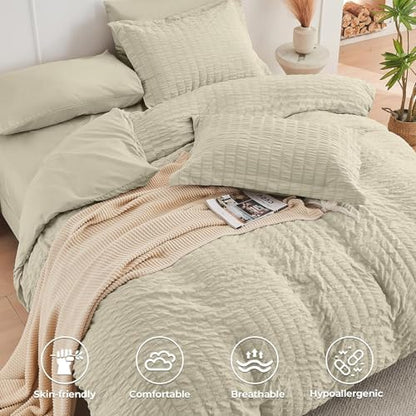 HYMOKEGE Light Linen Twin XL Comforter Set Seersucker 5 Pieces, All Season Luxury Bed in a Bag for Bedroom, Bedding Set with Comforter, Sheets, Pillowcase & Sham