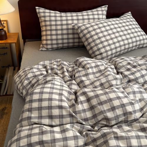 Mucalis Grey Gingham Plaid Duvet Cover King 100% Washed Cotton White Checkered Duvet Cover Set Linen Like Vintage 3 Piece Grid Bedding with Zipper Closure Corner Ties,Durable,Easy Care