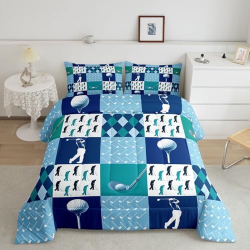 Homewish Golf Comforter Set King Size,Golf Sports Games Bedding Set 3Pcs Geometric Diamond Grid Patchwork Quilt Set for Kids Girls Boys Adult Room Decor Navy Blue White Duvet Insert,2 Pillowcases