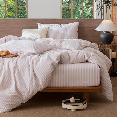 MooMee Striped Duvet Cover Set 100% Washed Cotton Linen Like King