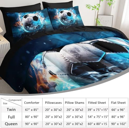 AILONEN Boys Soccer Comforter Set Queen 7-Piece Bed in a Bag for Kids Boys,Soft Comforter & Fitted Sheet with Flat Sheet,2 Pillowcases,2 Pillow Shams
