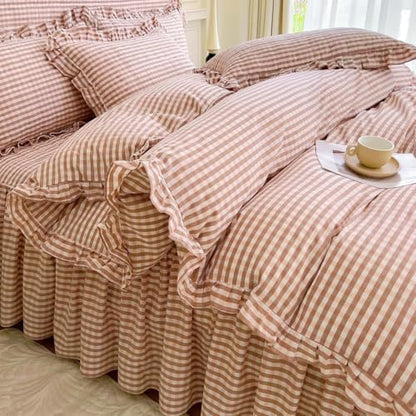 LifeTB Pink Gingham Comforter Set King 3 Pieces Ruffle Pink Plaid Comforter Set Fluffy Soft Grid Bedding Set Vintage Checkered Comforter with 2 Pillowcases Farmhouse Gingham Plaid Bedding Set King