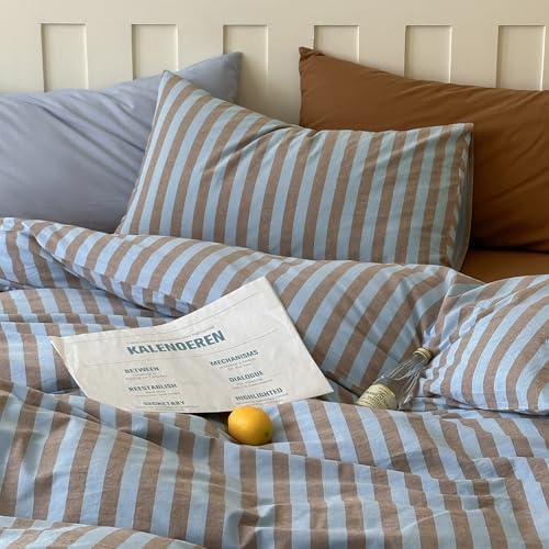 LifeTB Queen Comforter Set Vintage Striped Comforter Set, 3 Pieces Blue Brown Stripes Pattern Printed Comforter with 2 Pillowcases, Fluffy Soft Lightweight Retro Striped Bedding Set for All Seasons