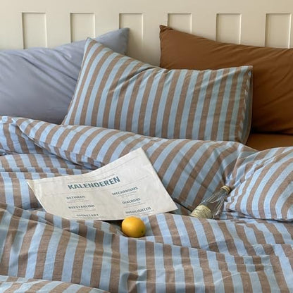 LifeTB Queen Comforter Set Vintage Striped Comforter Set, 3 Pieces Blue Brown Stripes Pattern Printed Comforter with 2 Pillowcases, Fluffy Soft Lightweight Retro Striped Bedding Set for All Seasons