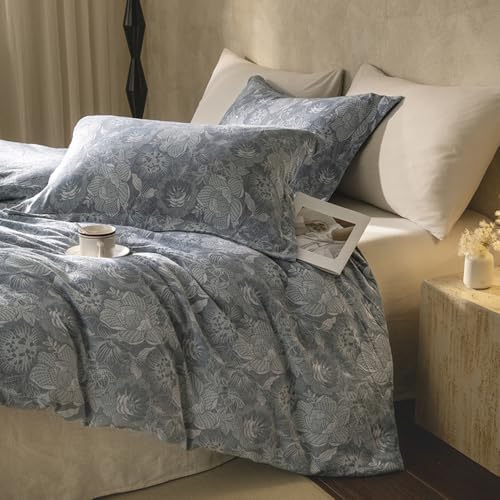 VM VOUGEMARKET Jacquard Grey Floral Duvet Cover Set King,Yarn-Dyed Cotton Duvet Cover with Zipper Closure Perfect for Men and Women