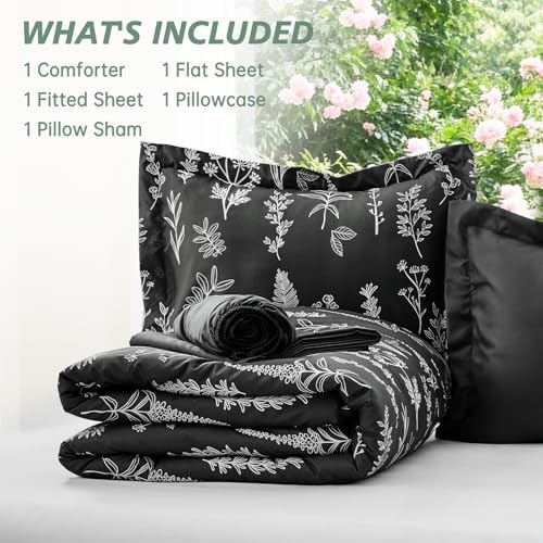 MUXHOMO Black TwinXL Comforter Set, Elegant Floral Print Bed in a Bag 5 Pieces, Ultra Soft & Breathable Reversible Botanical Pattern Bedding Set with Comforter, Sheets, Pillowcase, and Sham