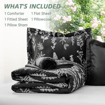 MUXHOMO Black TwinXL Comforter Set, Elegant Floral Print Bed in a Bag 5 Pieces, Ultra Soft & Breathable Reversible Botanical Pattern Bedding Set with Comforter, Sheets, Pillowcase, and Sham