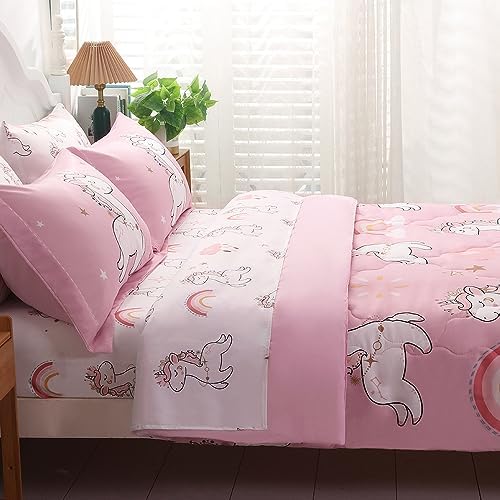 Wajade Kids Pink Unicorn Comforter Set Bed in A Bag Full Size 7 Piece Cute Unicorn Rainbow Clouds Bedding Set for Girls (1 Comforter, 1 Flat Sheet, 1 Fitted Sheet, 2 Pillowcase and 2 Pillow Sham)