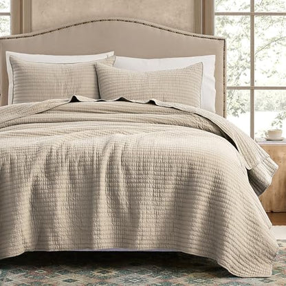 WDCOZY 100% Cotton California King Size Quilt Set, Pick Stitch, Beige Flax