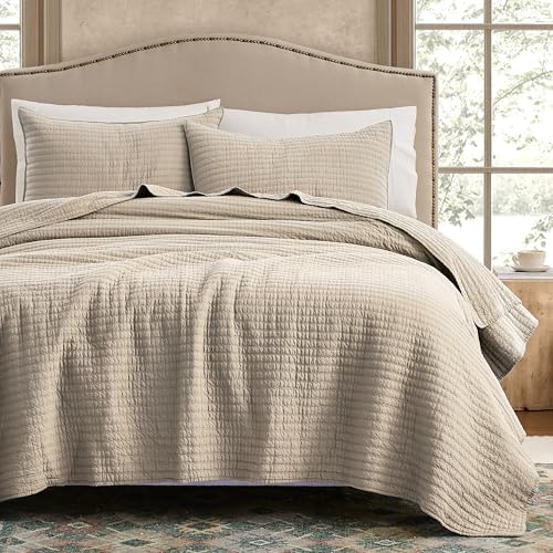 WDCOZY 100% Cotton King Size Quilt Set, Channel Pick Stitch, Beige Flax