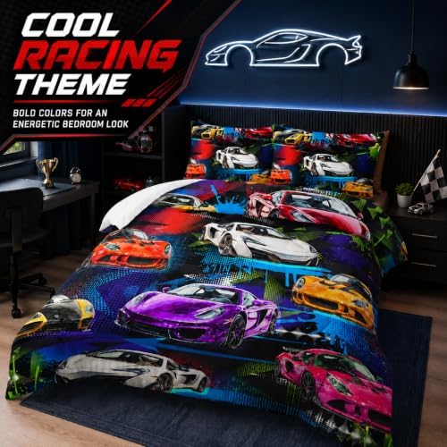 AILONEN Racing Car Comforter Set for Kids Boys Teens Twin Size, Extreme Sports Bed in a Bag,Cool Speed Race Bedding Sets,Colorful Car Theme Duvet Set,1 Quilt and 2 Pillowcases,3 Pieces