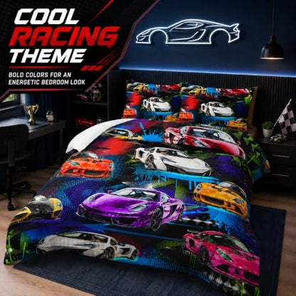 AILONEN Racing Car Comforter Set for Kids Boys Teens Twin Size, Extreme Sports Bed in a Bag,Cool Speed Race Bedding Sets,Colorful Car Theme Duvet Set,1 Quilt and 2 Pillowcases,3 Pieces