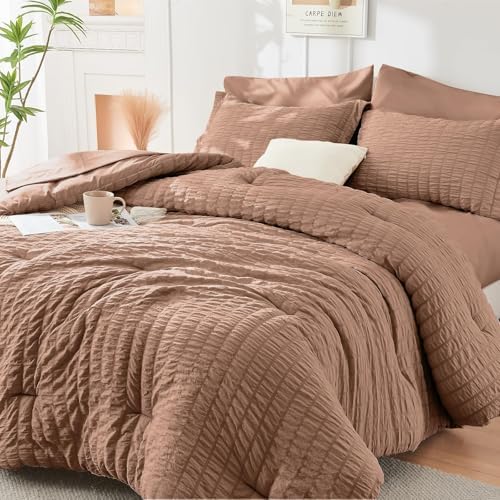 HYMOKEGE Mocha Brown Twin Comforter Set Seersucker 5 Pieces, All Season Luxury Bed in a Bag for Bedroom, Bedding Set with Comforter, Sheets, Pillowcase & Sham