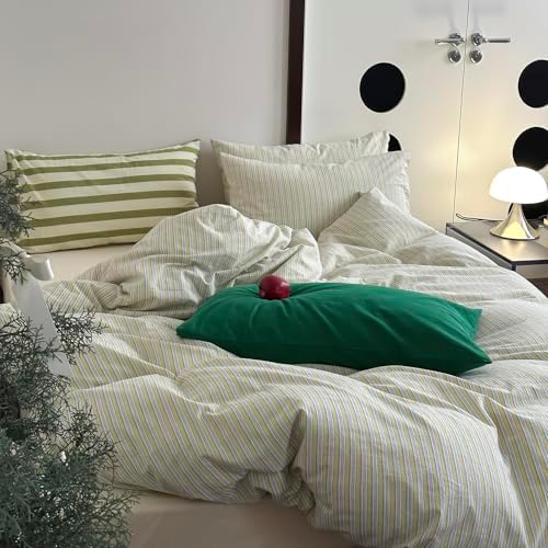 mixinni Vintage Geometric Striped Duvet Cover Set - 3 Piece 100% Washed Cotton Twin Size Bedding Set with Matching Pillowcases | Mid-Century Modern Design | Ultra Soft & Breathable-Twin Size