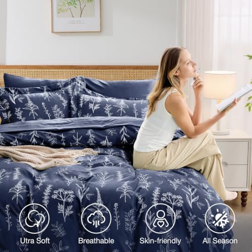 MUXHOMO Navy Blue Twin Comforter Set, Elegant Floral Print Bed in a Bag 5 Pieces, Ultra Soft & Breathable Reversible Botanical Pattern Bedding Set with Comforter, Sheets, Pillowcase, and Sham