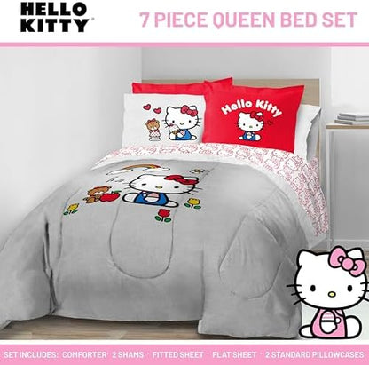 Sanrio Hello Kitty Queen Comforter Set 7 Piece Bedding for Girls, Grey
