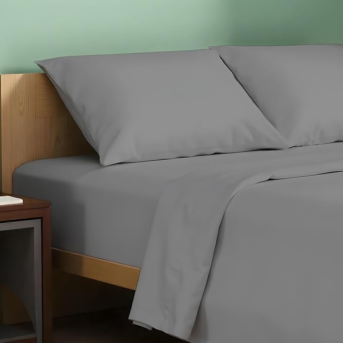 Texas Linen Co. 100% Organic Cotton Percale Sheets - Twin Size, 3-Piece Set, 16" Deep Pocket, Soft & Crisp, Cooling, Dorm Room Sheets - Dark Grey