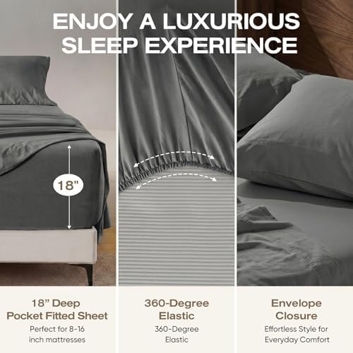 100% Pure Linen Blend 4 Piece Sheet Set, Cooling and Breathable Flax Bed Sheets for Hot Sleepers, All Season Comfort, Anti-Tear and Durable Bedding, 18 Inch Deep Pocket(Dark Grey, King)
