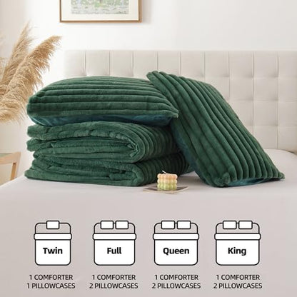 Smoofy Fluffy Queen Size Comforter 3 PCS - Dark Green Fleece Bedding Set