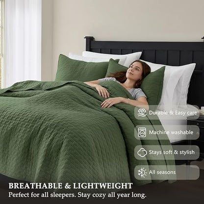 palassio Olive Green 100% Cotton Quilt Queen Size Bedding Sets with 2 Pillow Shams, Textured Lightweight Soft Bedspread Shabby Chic Coverlet, Quilted Comforter Bed Cover for All Season, 3 Pieces