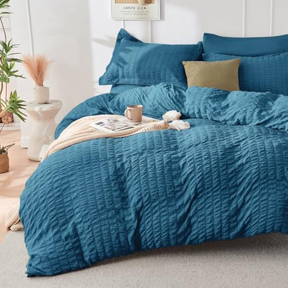HYMOKEGE Teal Oversized King Comforter Set Seersucker 7 Pieces, All Season Luxury Bed in a Bag for Bedroom, Bedding Set with Comforter, Sheets, Pillowcases & Shams