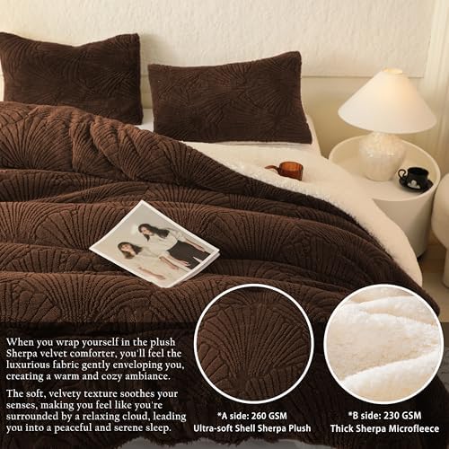 tohrisa Seashell Jacquard Sherpa Comforter Set Warm Cozy Premium Bedding 3 Pieces, Full/Queen Size Geometric Pattern Quilt Comforter with 2 Pillowcases(90"X90" Coffee)