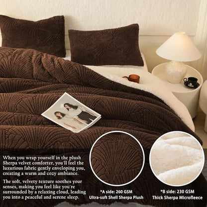 tohrisa Seashell Jacquard Sherpa Comforter Set Warm Cozy Premium Bedding 3 Pieces, Full/Queen Size Geometric Pattern Quilt Comforter with 2 Pillowcases(90"X90" Coffee)